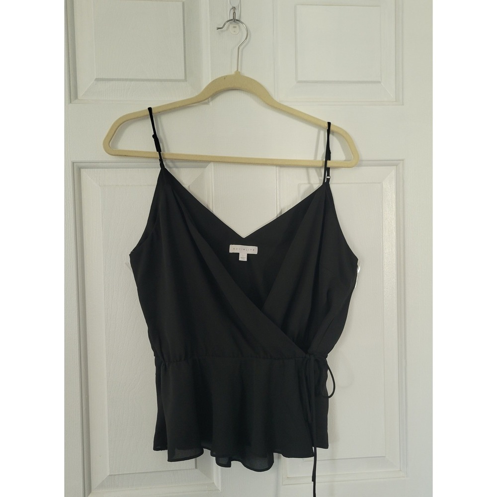 Socialite Wrap Cami Top Womens L Black Peplum‎ Spaghetti Strap V-Neck